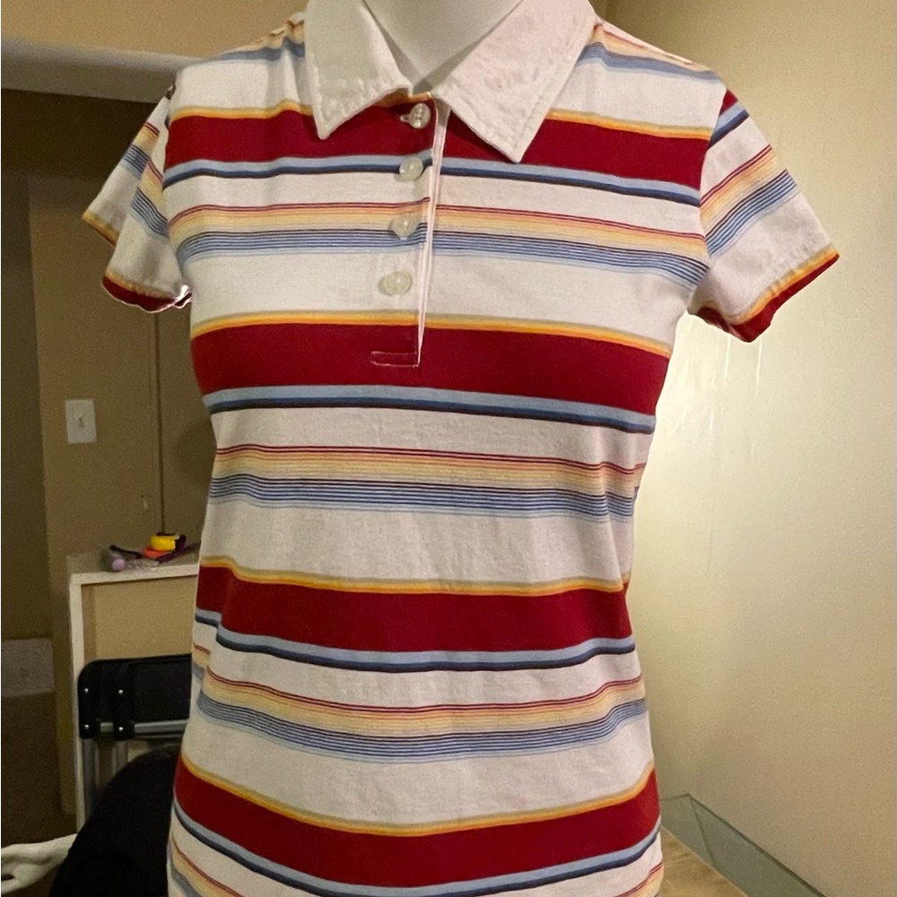 Multi-color stripe fitted polo shirt mark on the collar maybe pen junior size